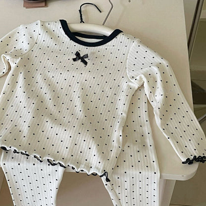 Girls' Korean Style Polka Dot Pajama Set | Cute Bow Autumn Home Suit