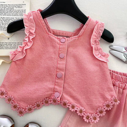 Lace Detailed Sleeveless Denim Shorts Set