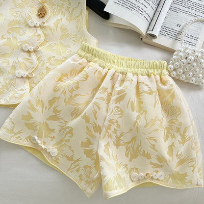 Chinese Style Sleeveless Vest and Shorts Set with Hat
