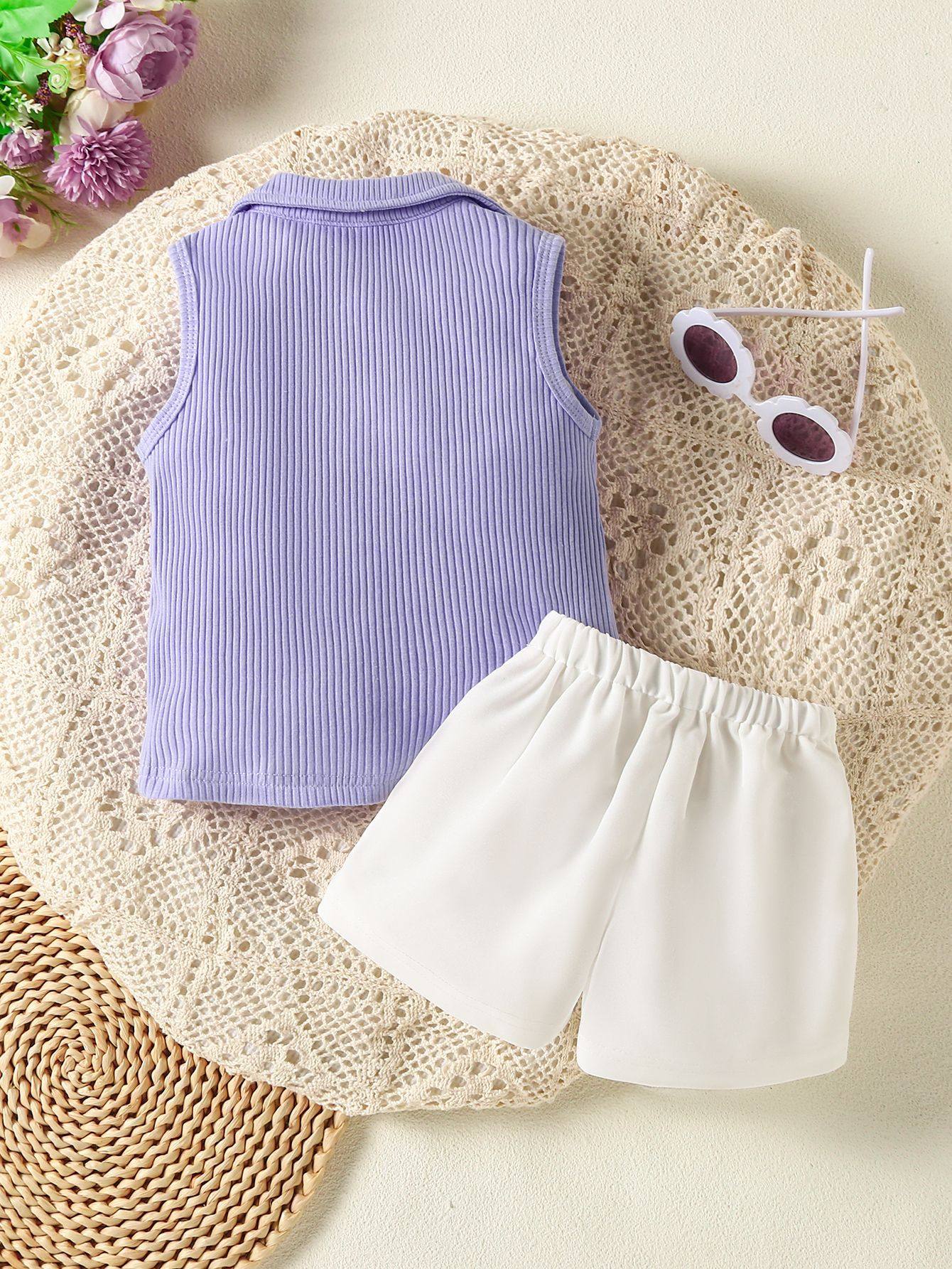 Sweet Sleeveless Flower Button Top and Shorts Set