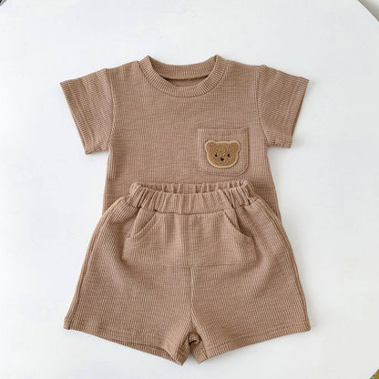 Korean Style Baby Waffle Bear Casual Short Sleeve Two-Piece Suit for Boys & Girls