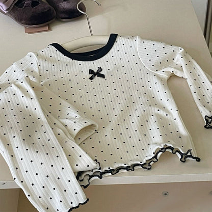 Girls' Korean Style Polka Dot Pajama Set | Cute Bow Autumn Home Suit