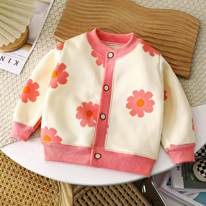 Boys and Girls Autumn and Winter Floral Knit Cardigan